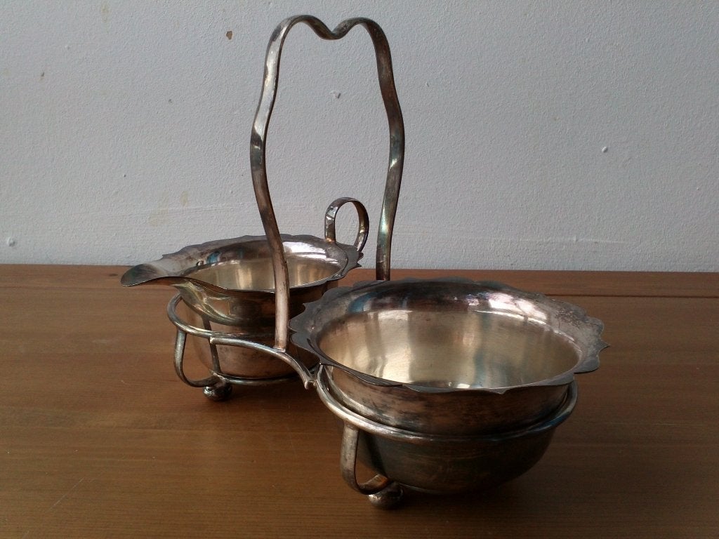 Mooi oud antiek silverplate suiker en roomstel uit Engeland., Antiek en Kunst, Ophalen of Verzenden