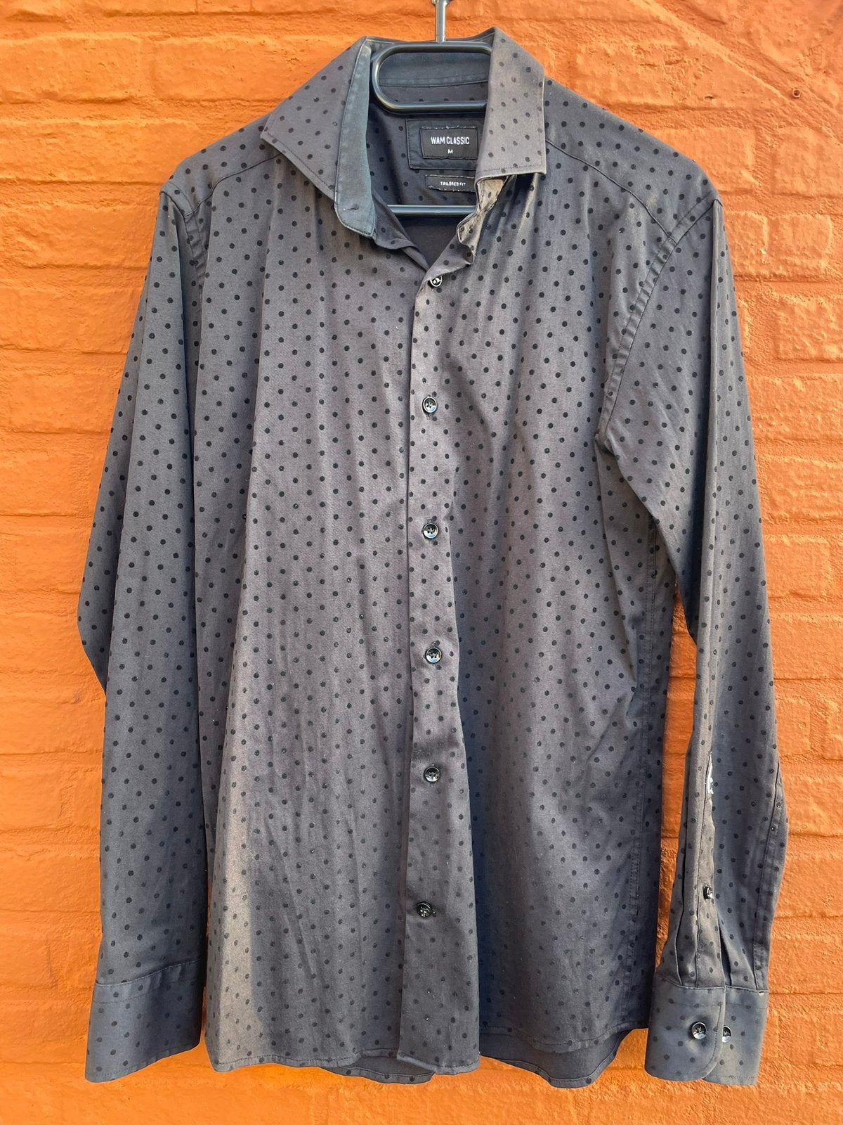 WAM Classic tailored fit overhemd zwart met stip maat Medium, Ophalen of Verzenden, Gedragen, Zwart, Halswijdte 39/40 (M)