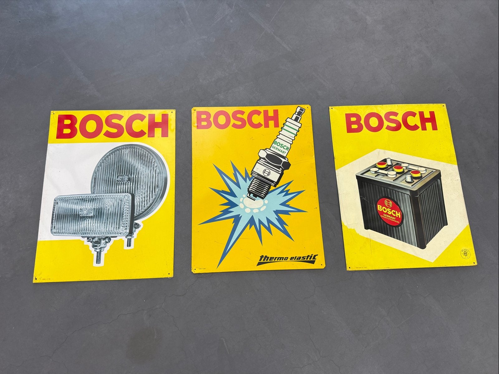 Drie oude Bosch reclameborden - blik, Verzamelen, Ophalen, Gebruikt, Reclamebord