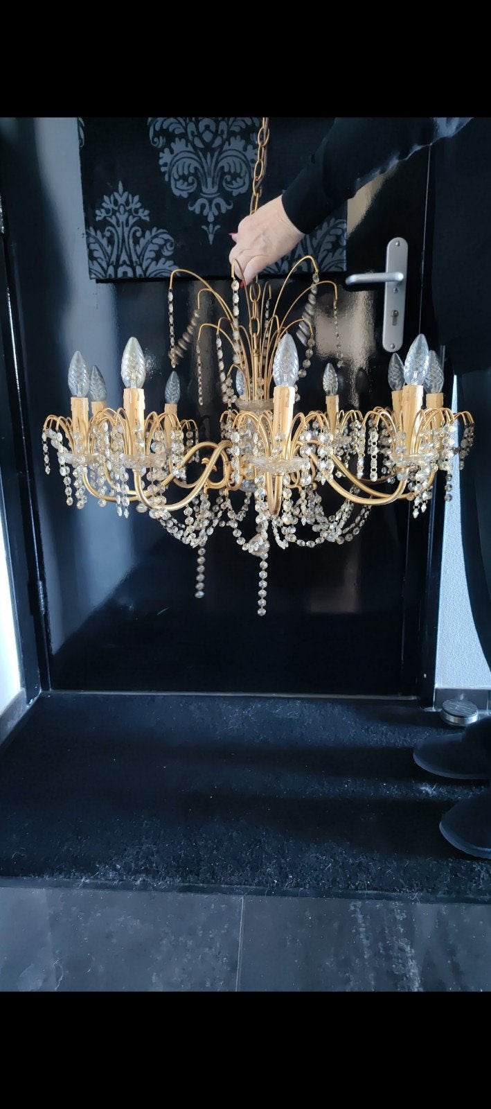 Gouden Kroonluchter met 10 Lichtpunten en Bleikristal, Ophalen, Gebruikt, E14 (klein), Glas