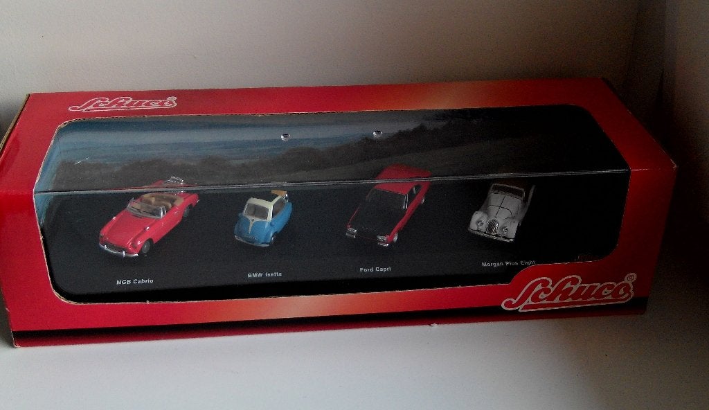 Schuco 1/72 set MGB Cabrio BMW Isetta Ford Capri Morgan Plus, Verzenden, Nieuw, Auto
