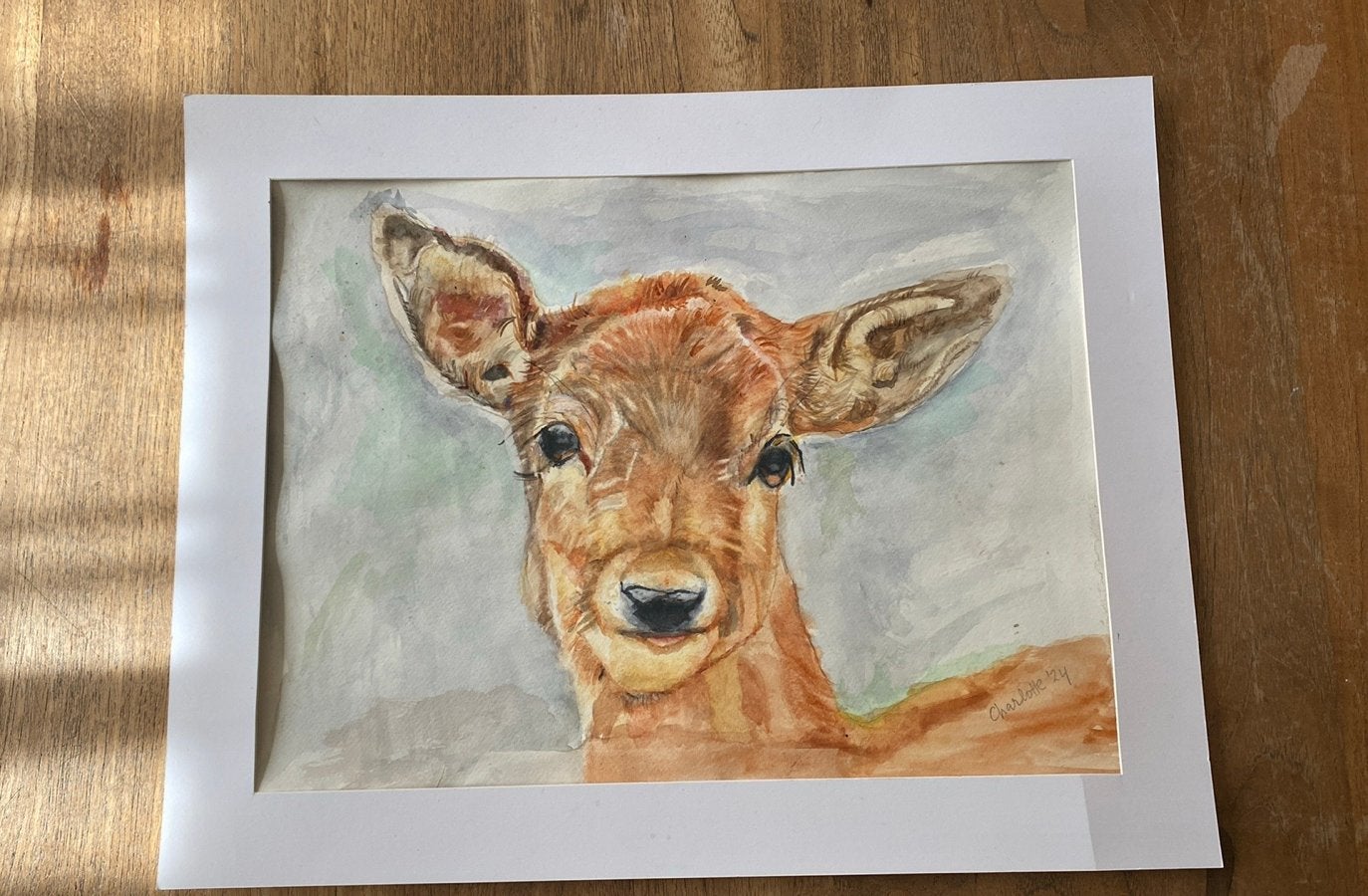 Originele aquarel van reekalf - (40x30 cm), Ophalen of Verzenden, Tekening, Aquarel, Gesigneerd