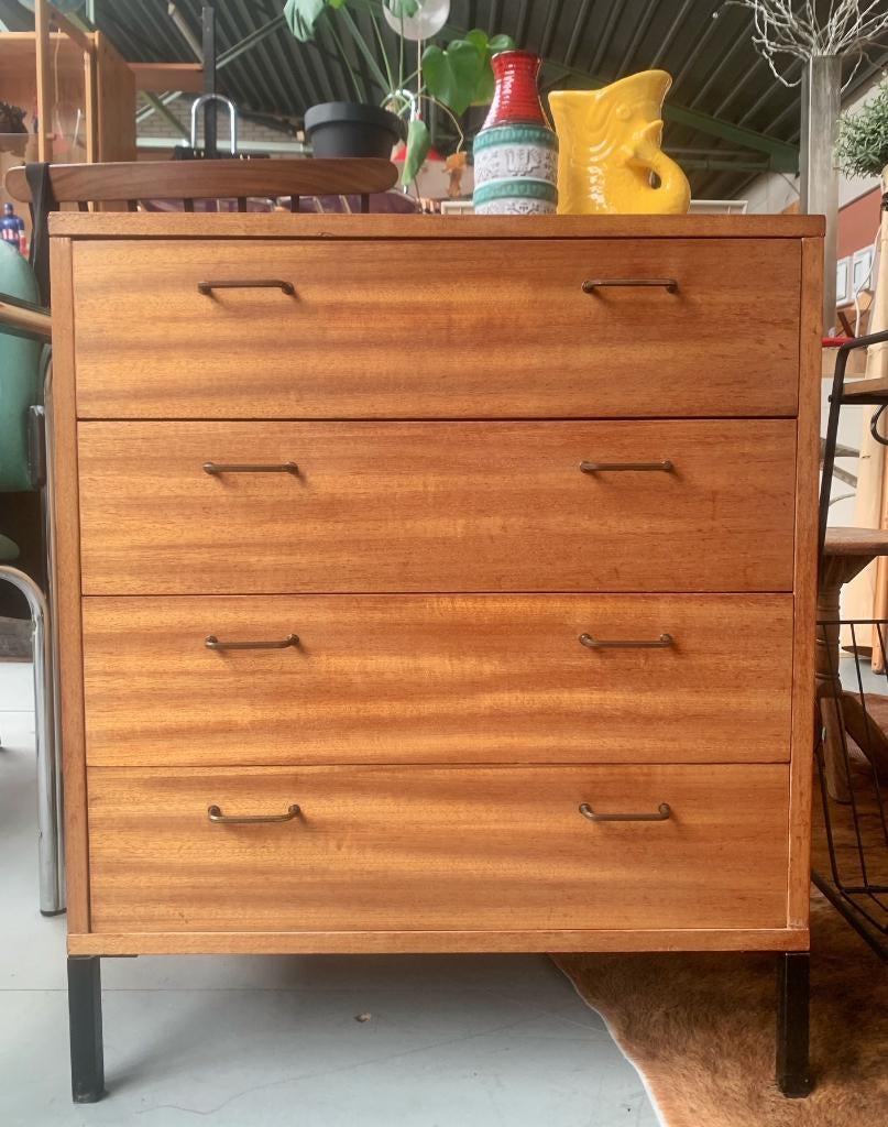 Vintage houten ladekast met 4 lades en handgrepen - kast, Gebruikt, 50 tot 100 cm, 3 of 4 laden, Onbekend