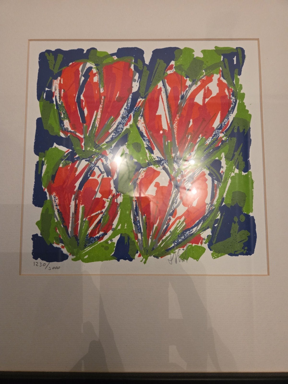 Kleurrijke tulpen zeefdruk gesigneerd en ingelijst, Ophalen
