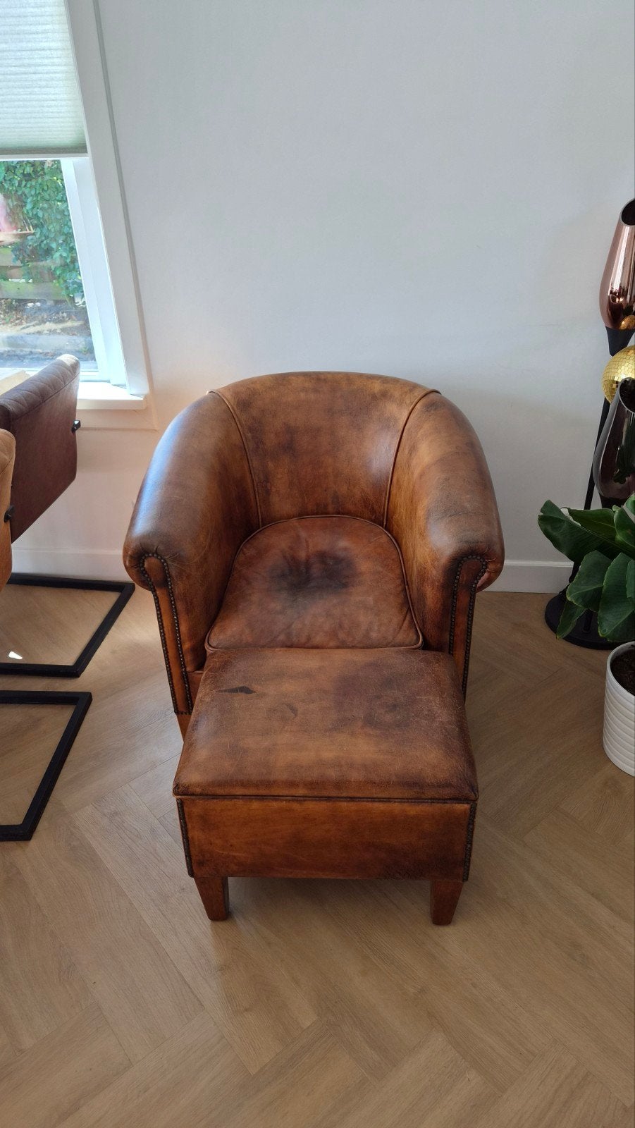 Leren fauteuil met voetenbank, Ophalen, Gebruikt, Vintage, 75 tot 100 cm