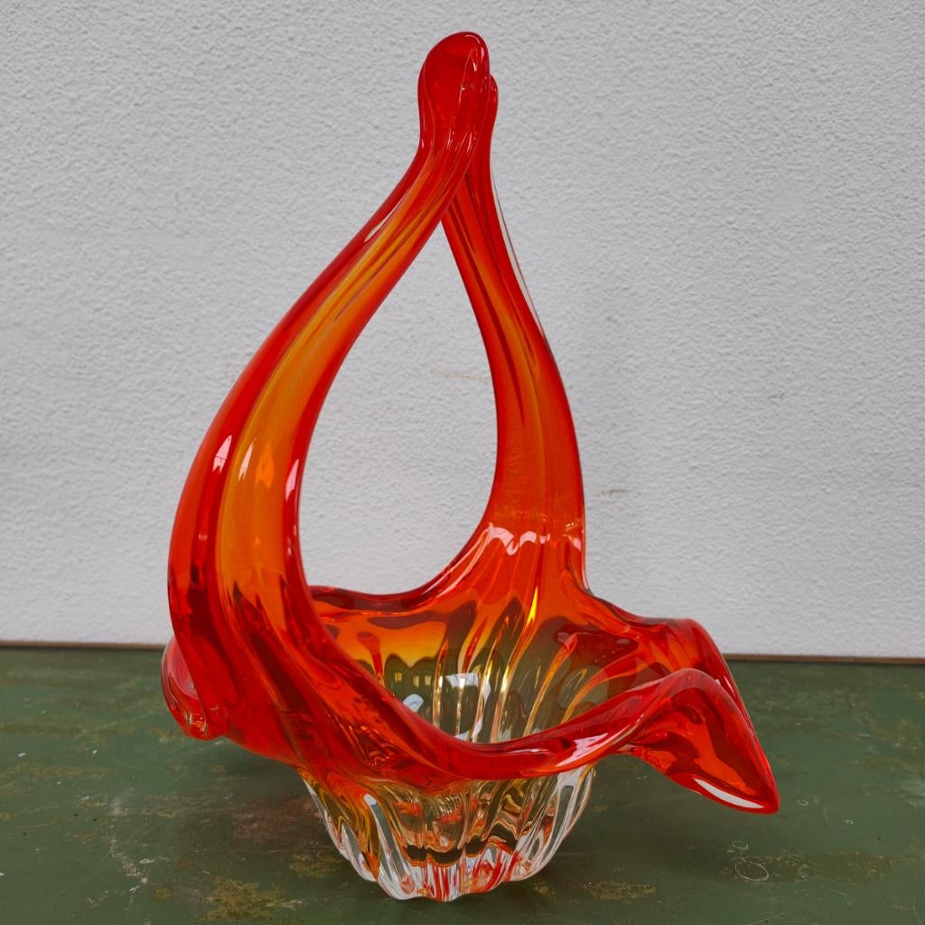 Vintage Oranje glazen mand in Murano stijl. Glas 111, Ophalen of Verzenden