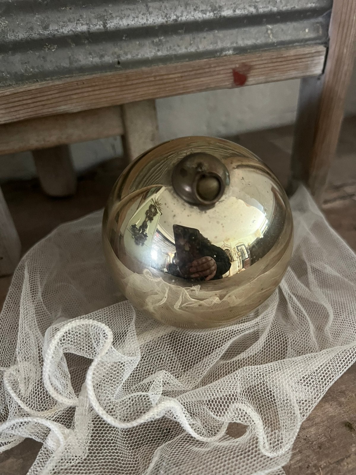 Antieke oude zilver kleurige heksenbal kugel brocante, Diversen, Kerst, Ophalen of Verzenden, Gebruikt