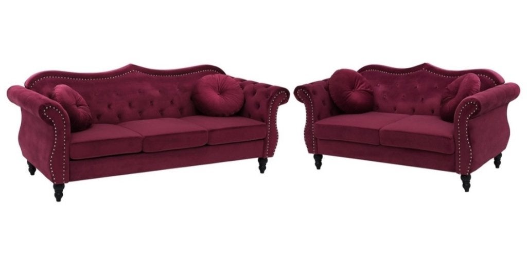 Bankenset – fluweel bordeauxrood | 2- & 3-zits, Huis en Inrichting, Banken | Bankstellen, Ophalen, Gebruikt, 125 tot 150 cm, Chesterfield-look