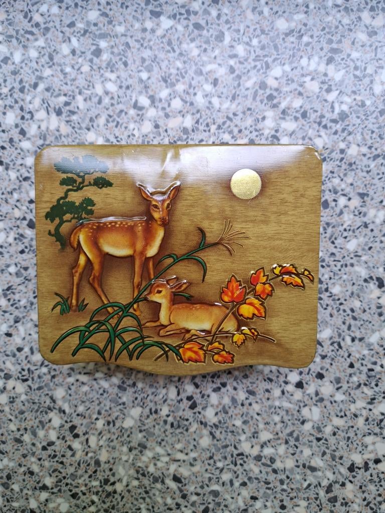 Vintage blikken doosje met herten en herfstbladeren, Verzamelen, Blikken, Ophalen of Verzenden, Gebruikt, Overige, Overige merken