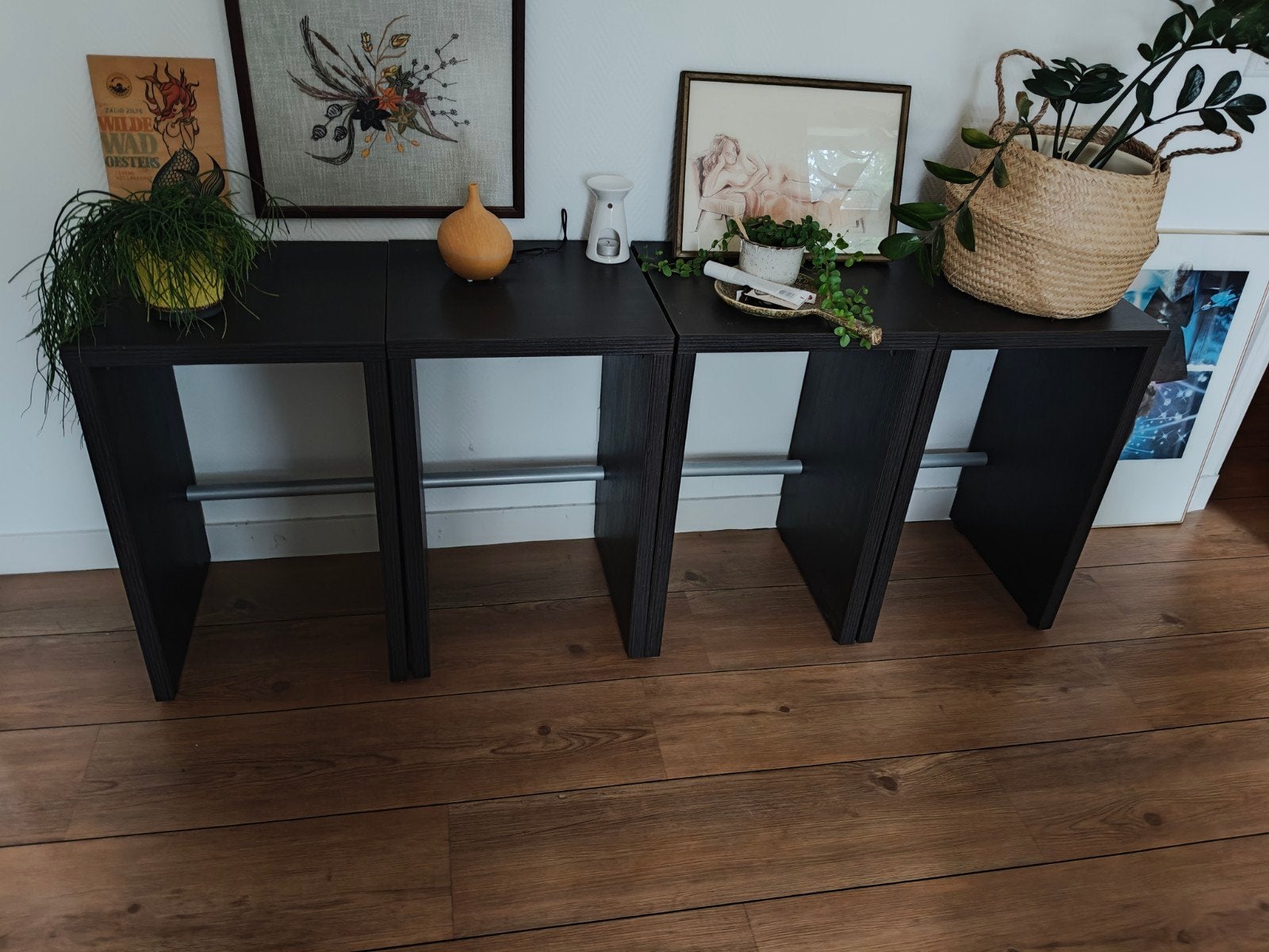 4 donkerbruine bijzettafels, Ophalen, Minder dan 55 cm, Gebruikt, Rechthoekig