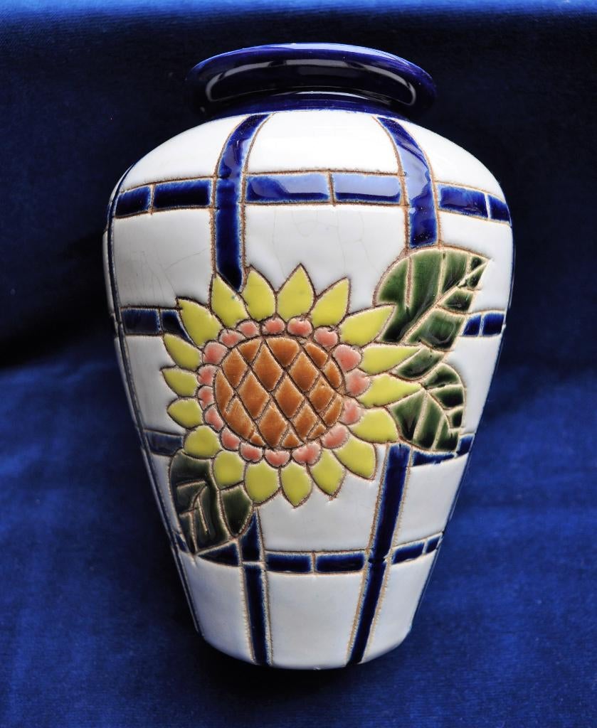 Vintage Vaas met Zonnebloem Bloem 21 cm, Ophalen, Gebruikt, Overige kleuren, Aardewerk of Porselein