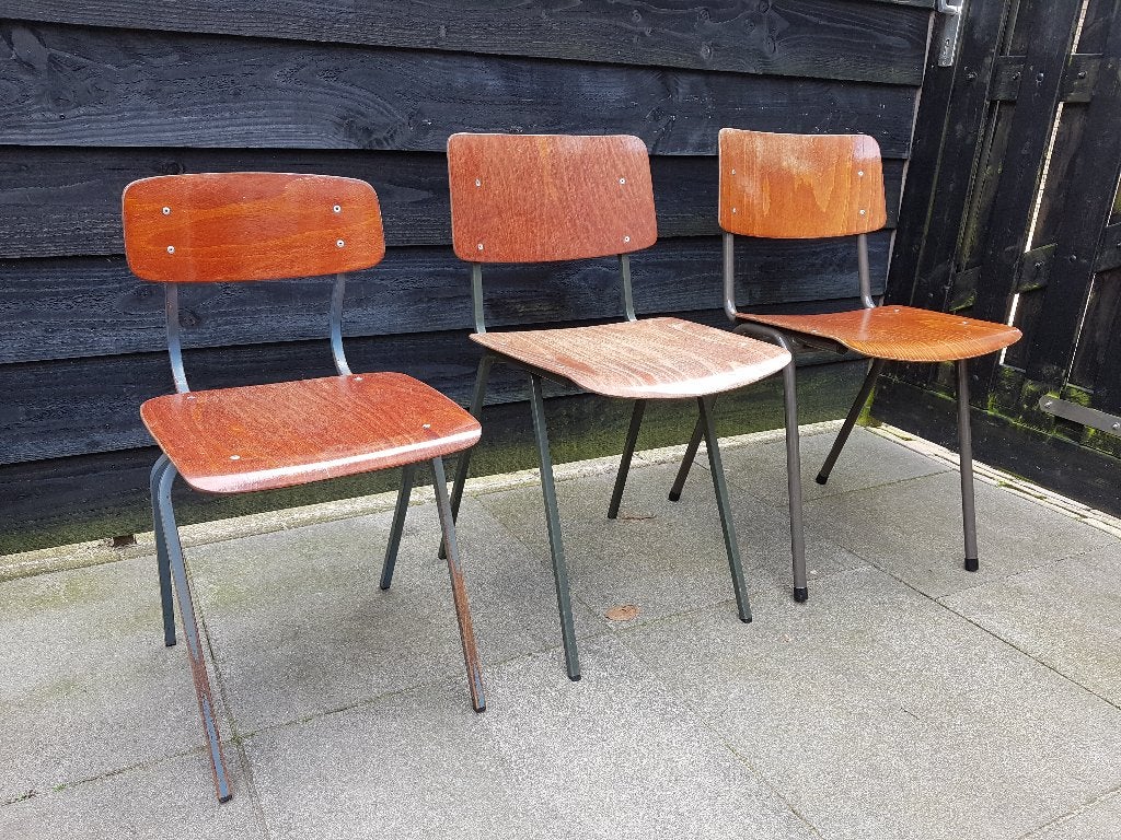 3x Industriële Schoolstoel Pagholz/Pagwood, Vintage jaren 70, Huis en Inrichting, Stoelen, Ophalen, Gebruikt, Hout, Industrieel Vintage