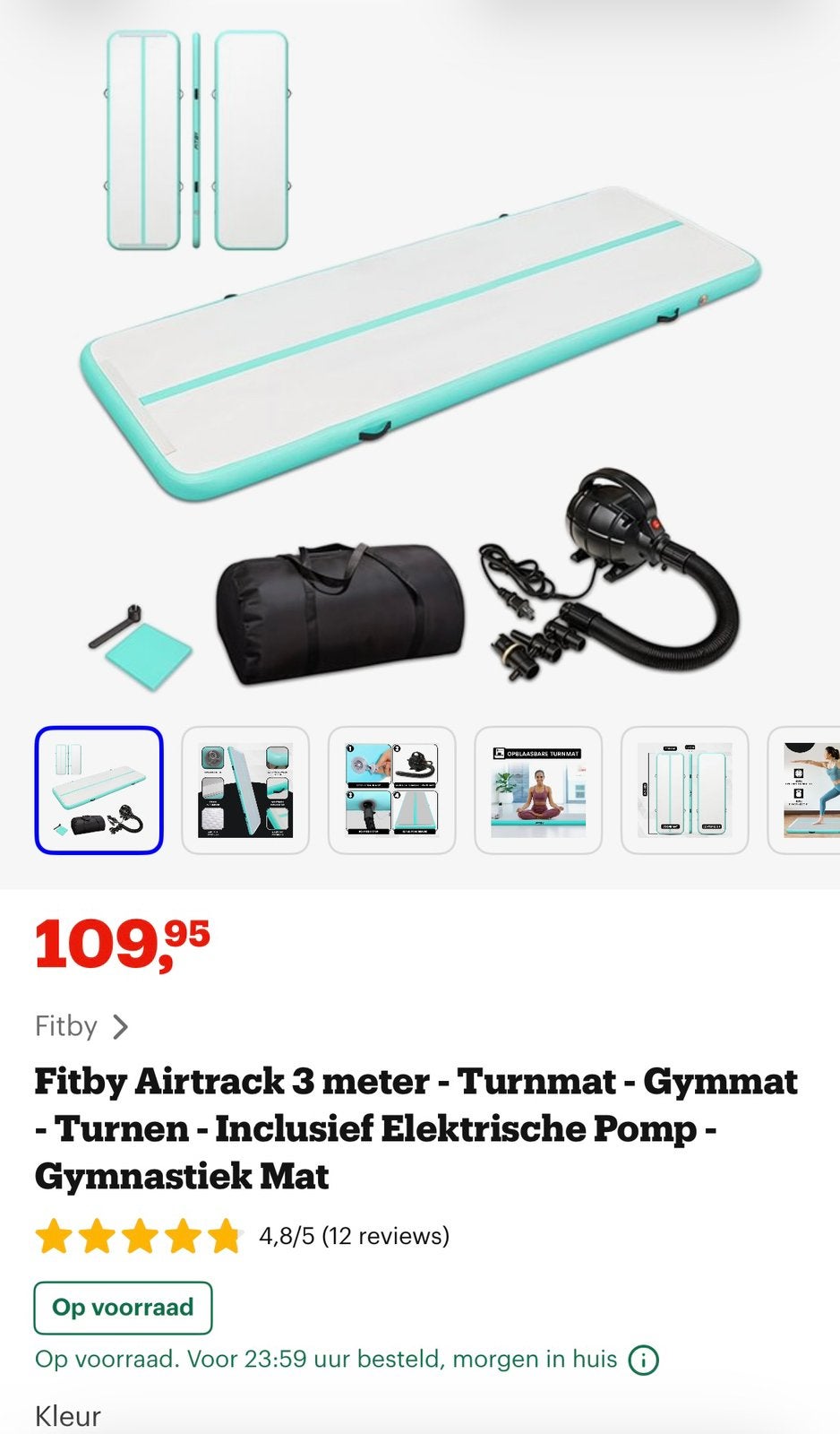 Fitby Airtrack turnmat - 3 meter, Kindermaat 146 t/m 176, Ophalen, Zo goed als nieuw, Materiaal