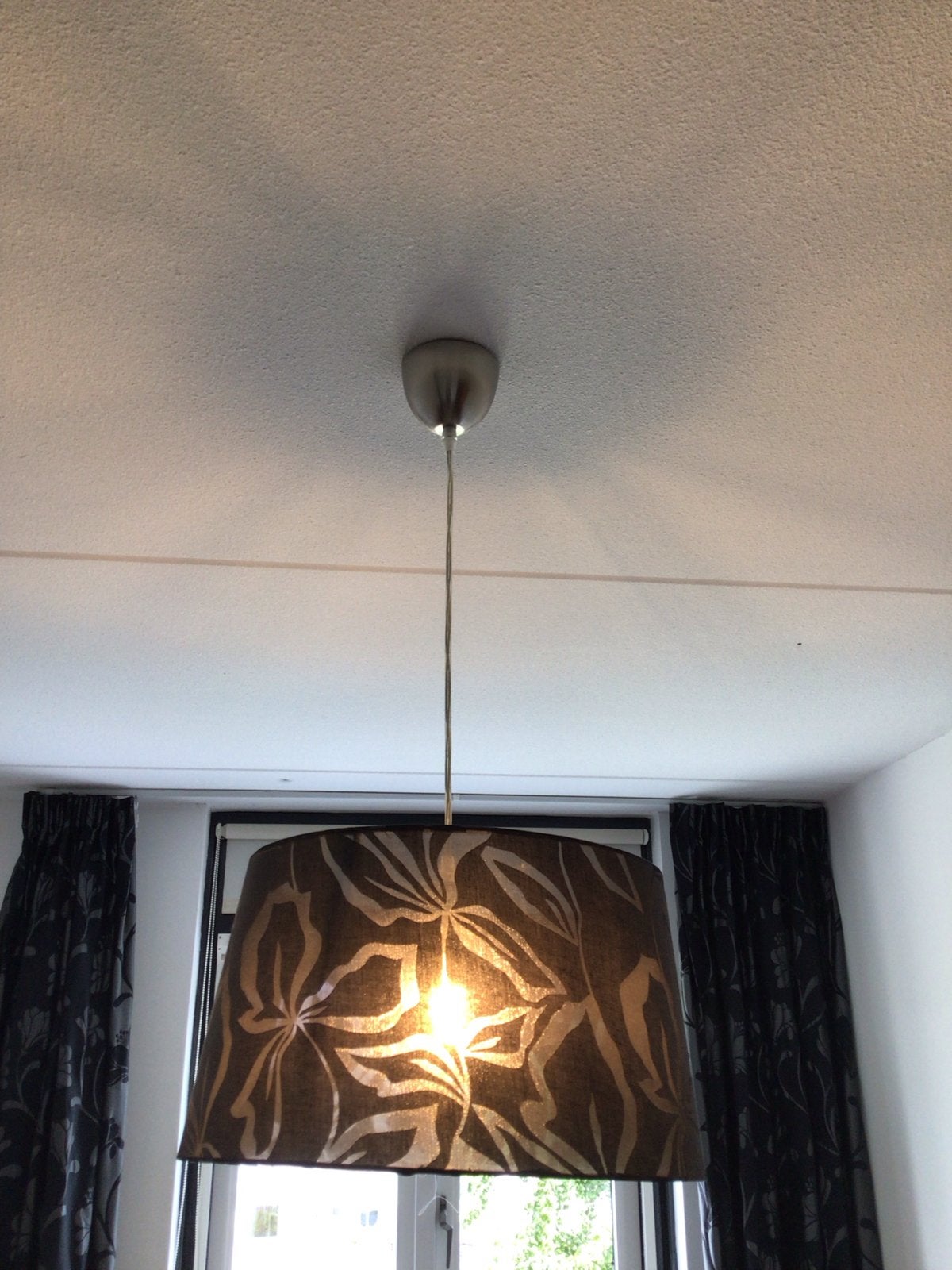 Hanglamp met stoffen kap - Donkergrijs met patroon, Ophalen of Verzenden, Zo goed als nieuw, Lamp
