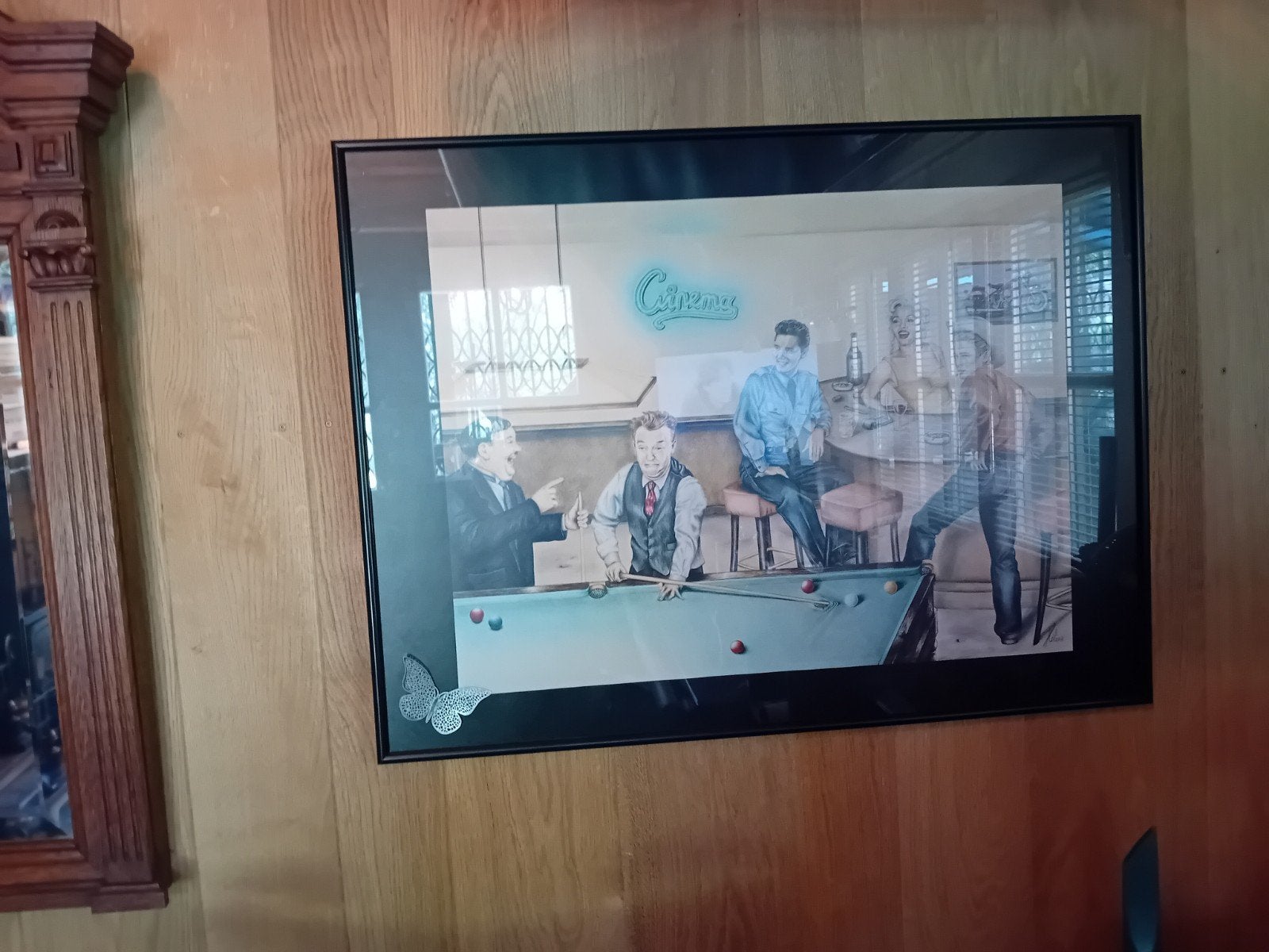 Ingelijste print beroemdheden bij pooltafel, Huis en Inrichting, Woonaccessoires | Schilderijen, Tekeningen en Foto's, Gebruikt