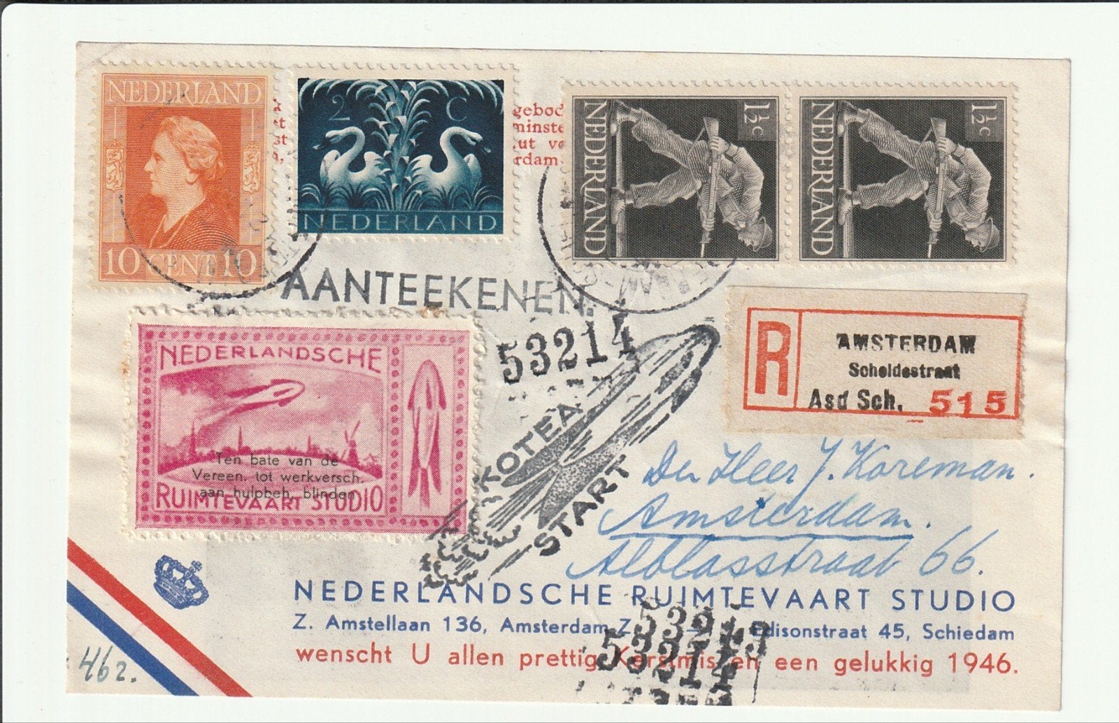 Unieke Raketpost Brief 1945 - Nederlandsche Ruimtevaart Stud, Ophalen of Verzenden, Brief