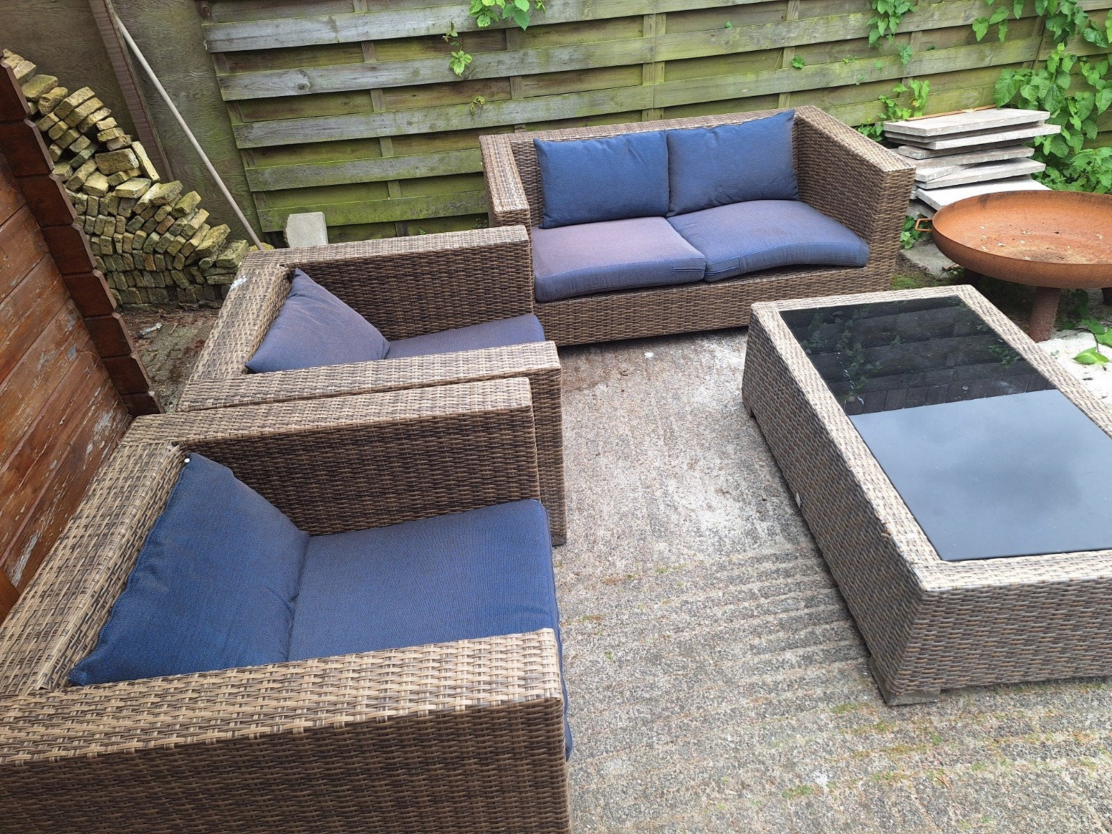 Wicker Loungeset met Tafel en Kussens, Ophalen, Gebruikt, Wicker
