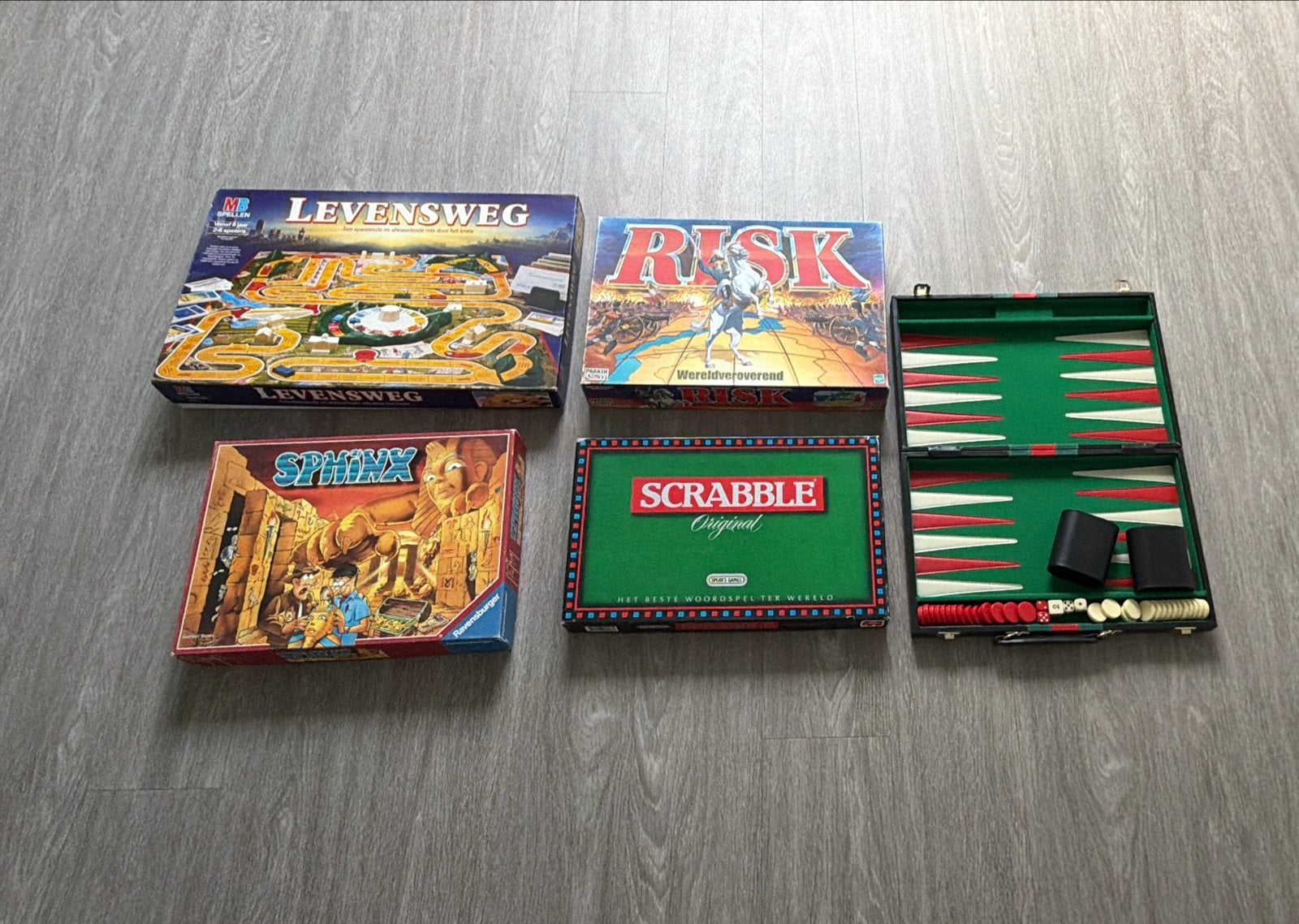 Bordspellen: Levensweg, Risk, Scrabble, Sphinx, Backgammon, Ophalen, Gebruikt
