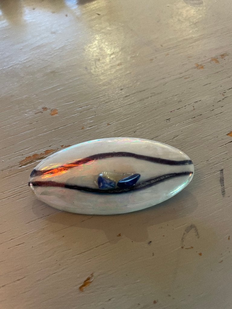 Vintage ovale design keramiek halfedelstenen broche speld, Overige materialen, 4 tot 7 cm, Wit, Ophalen of Verzenden