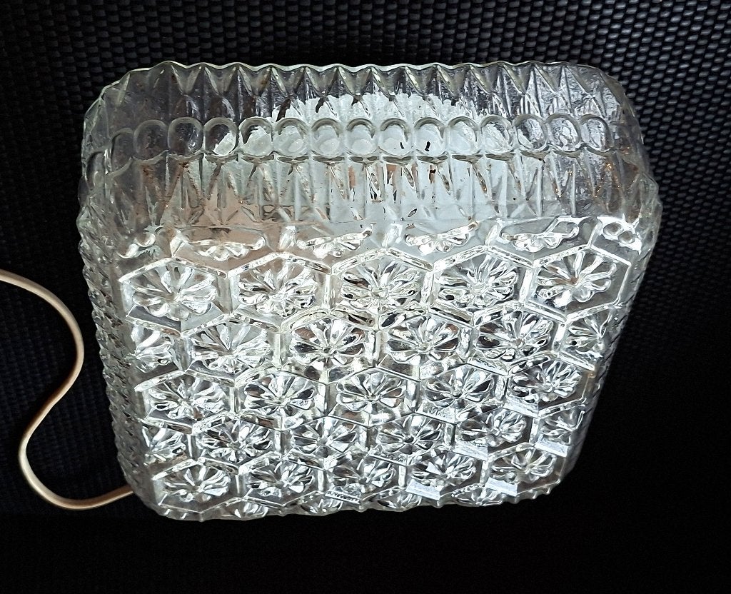 Vintage  Plafonnière - retro plafondlamp -strak en vierkant, Gebruikt, Glas, Jaren 70, 22 cm