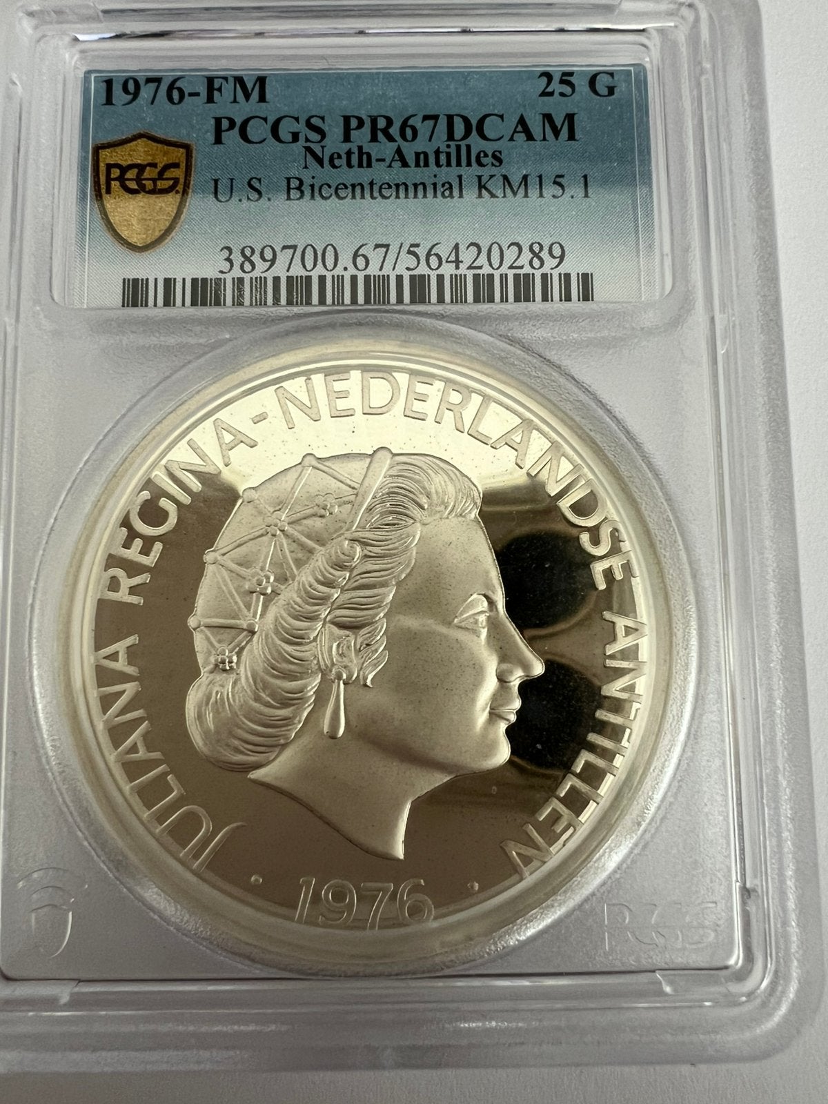 Nederlandse Antillen, 25 Gulden 1976 PR67DCAM, Postzegels en Munten, Munten | Nederland, Koningin Juliana, Zilver, Losse munt