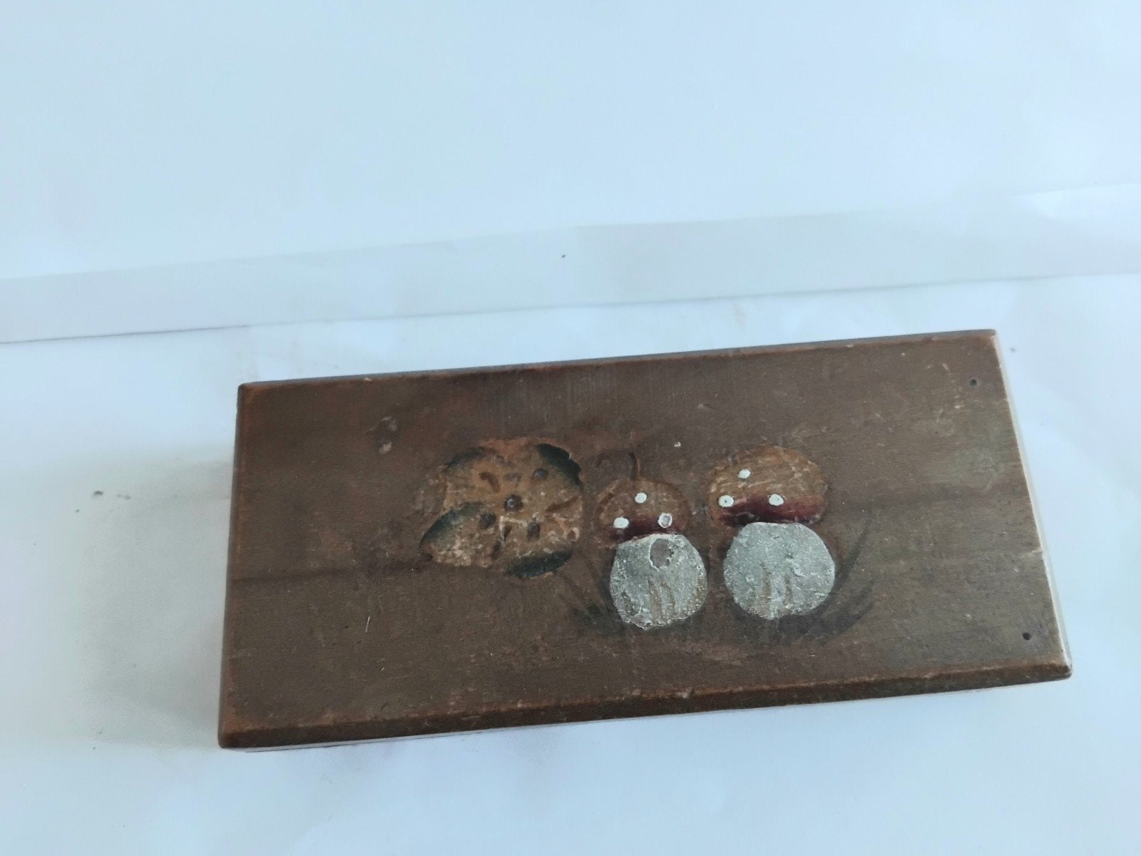 Vintage houten doosje met paddenstoel decoratie, Ophalen of Verzenden