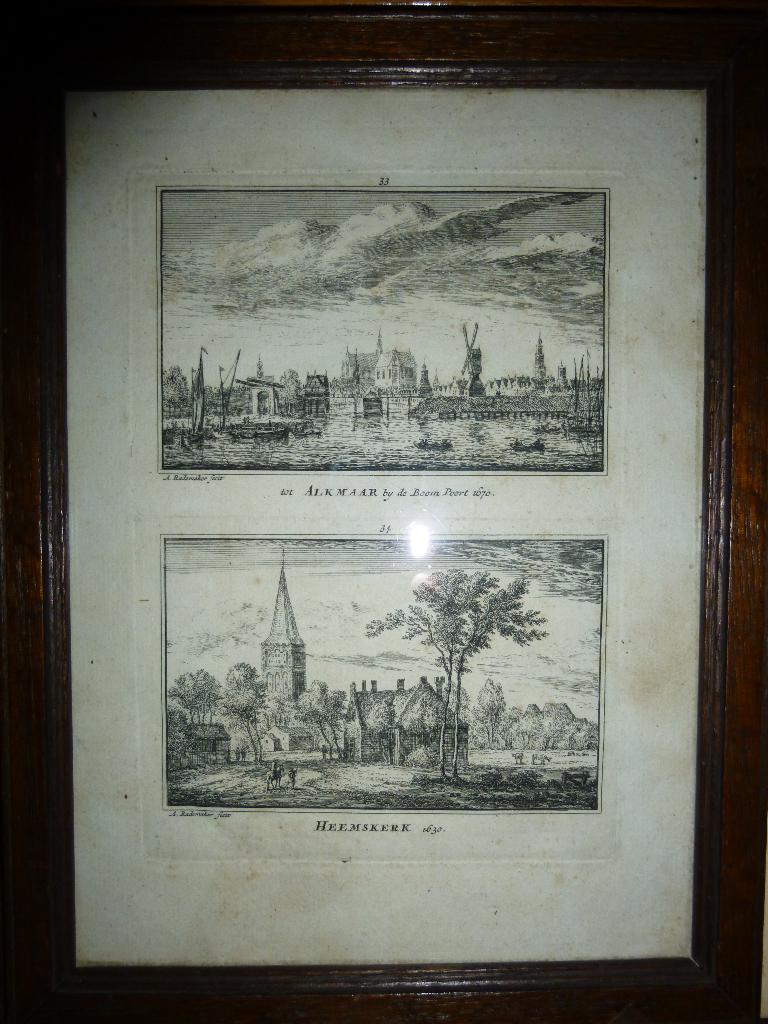 2 koperetsen in 1 lijst ca 1770 alkmaar, heemskerk, Antiek en Kunst, Ophalen of Verzenden