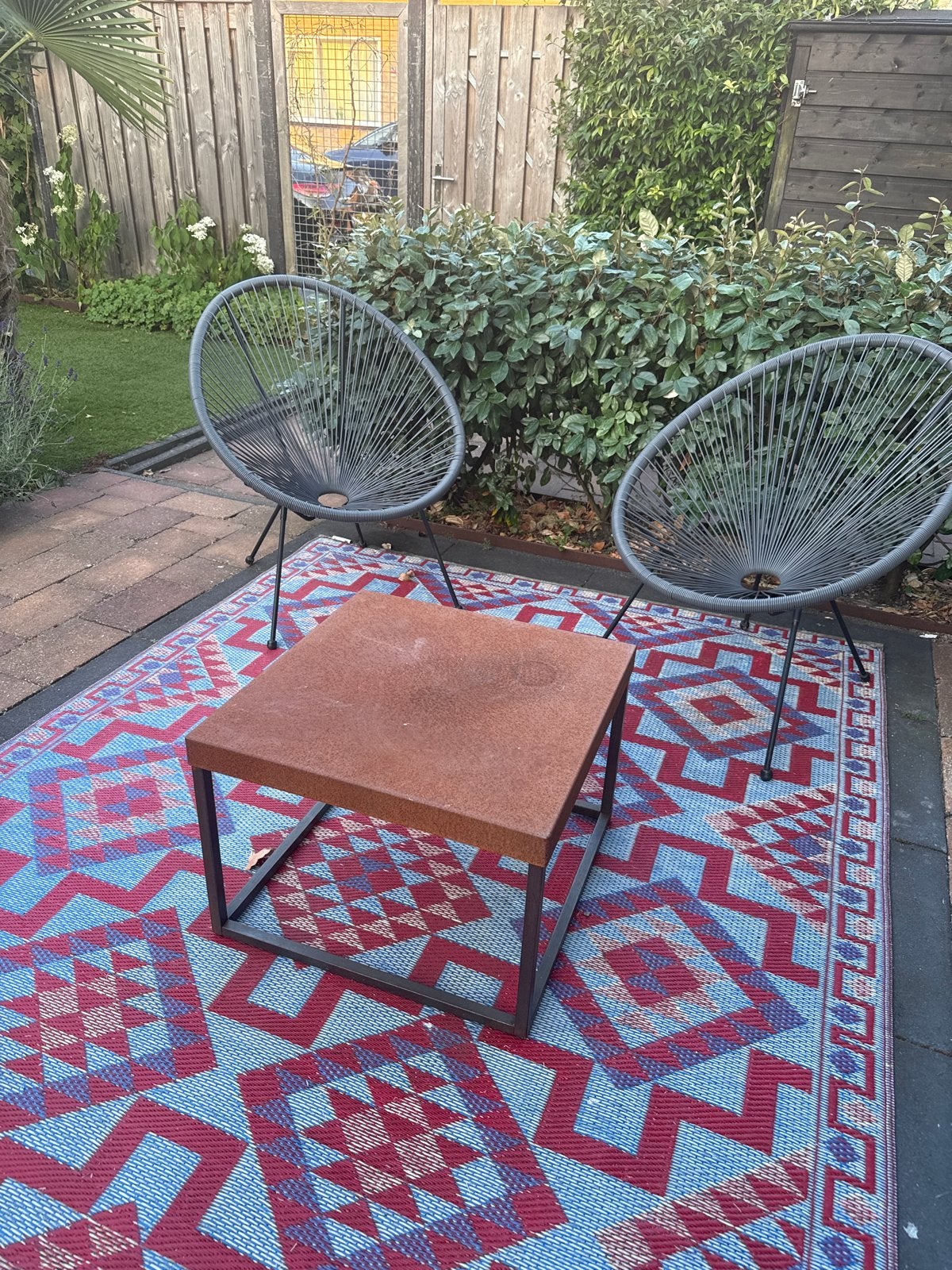 Loungeset met 4 stoelen en bijzettafel Cortenstaal, Kunststof, Gebruikt, Loungeset, Stoel