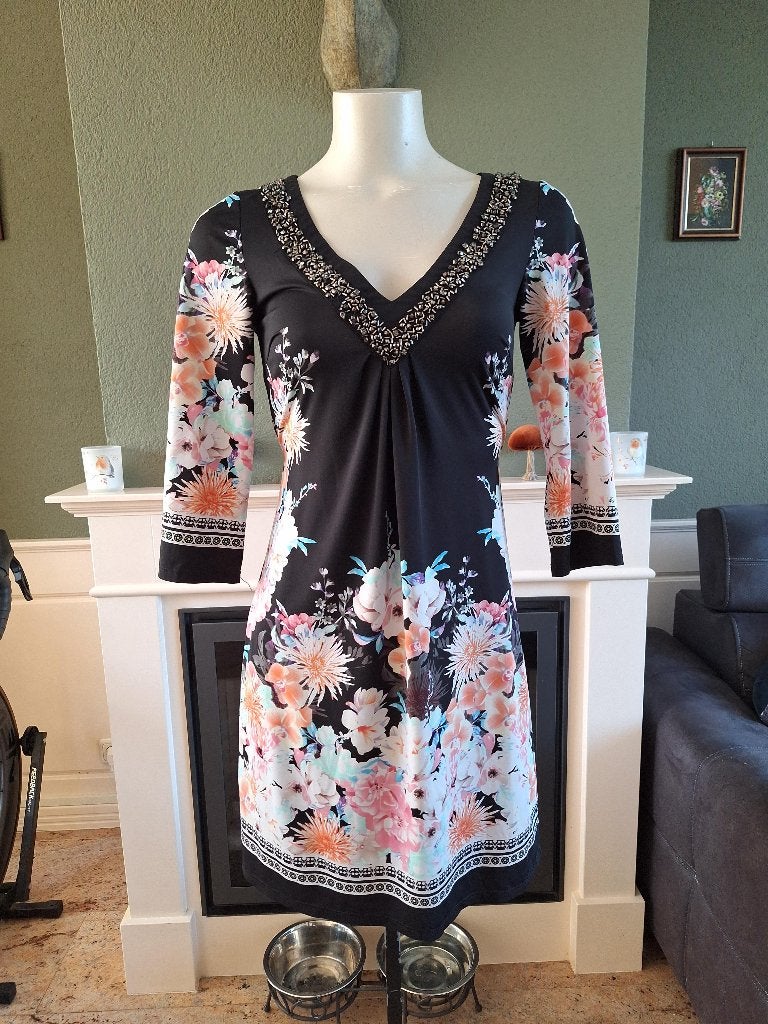 K-Design K Design zwart met bloemen jurk S, K-design, Verzenden, Zwart, Knielengte