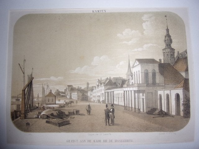 KAMPEN - Gezigt aan de kade bij de IJsselbrug. Litho ca.1857, Antiek en Kunst, Kunst | Etsen en Gravures, 1800 - 1899, Stadsgezicht
