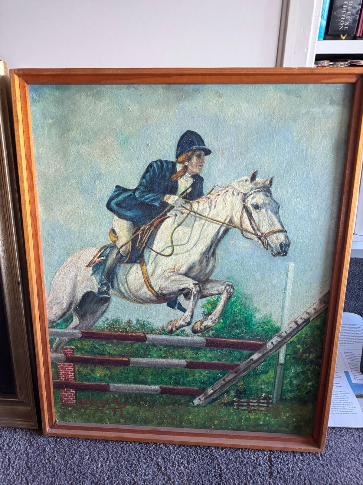 Schilderij springruiter paard 59x46 cm, Ophalen of Verzenden
