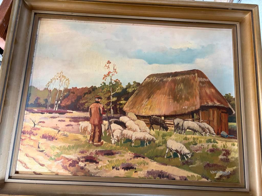 Olieverfschilderij: Herder met schapen van G. Westerveld, Ophalen of Verzenden