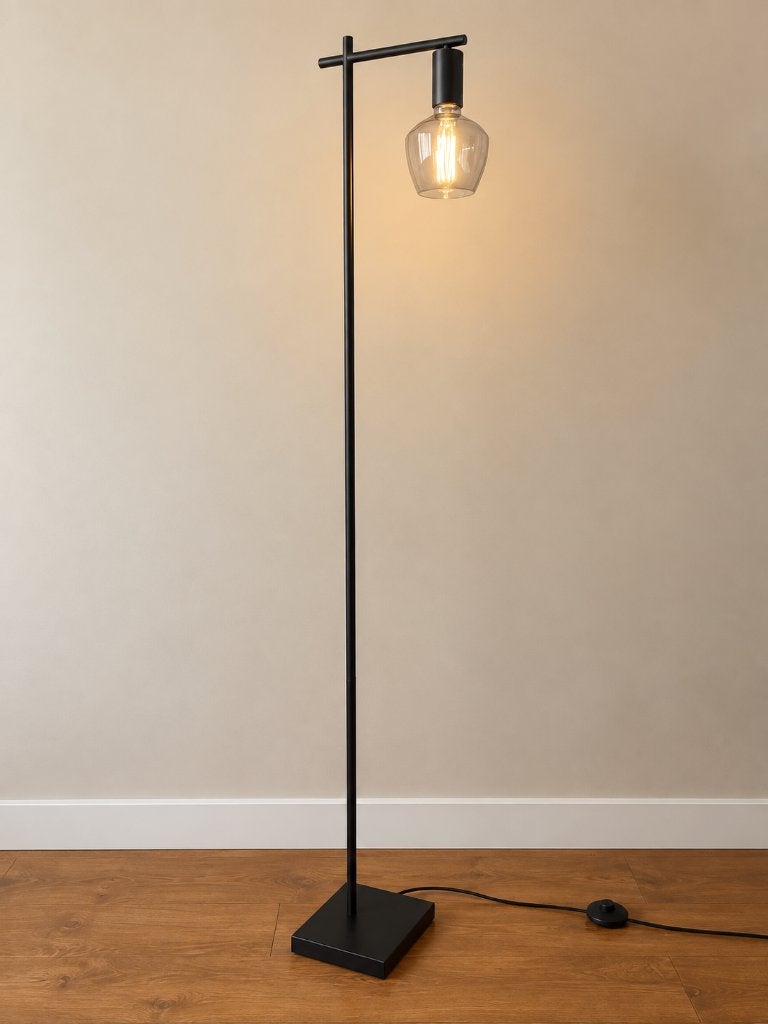 Moderne zwarte vloerlamp met glazen kap – industrieel design, Ophalen of Verzenden, Zo goed als nieuw, 150 tot 200 cm