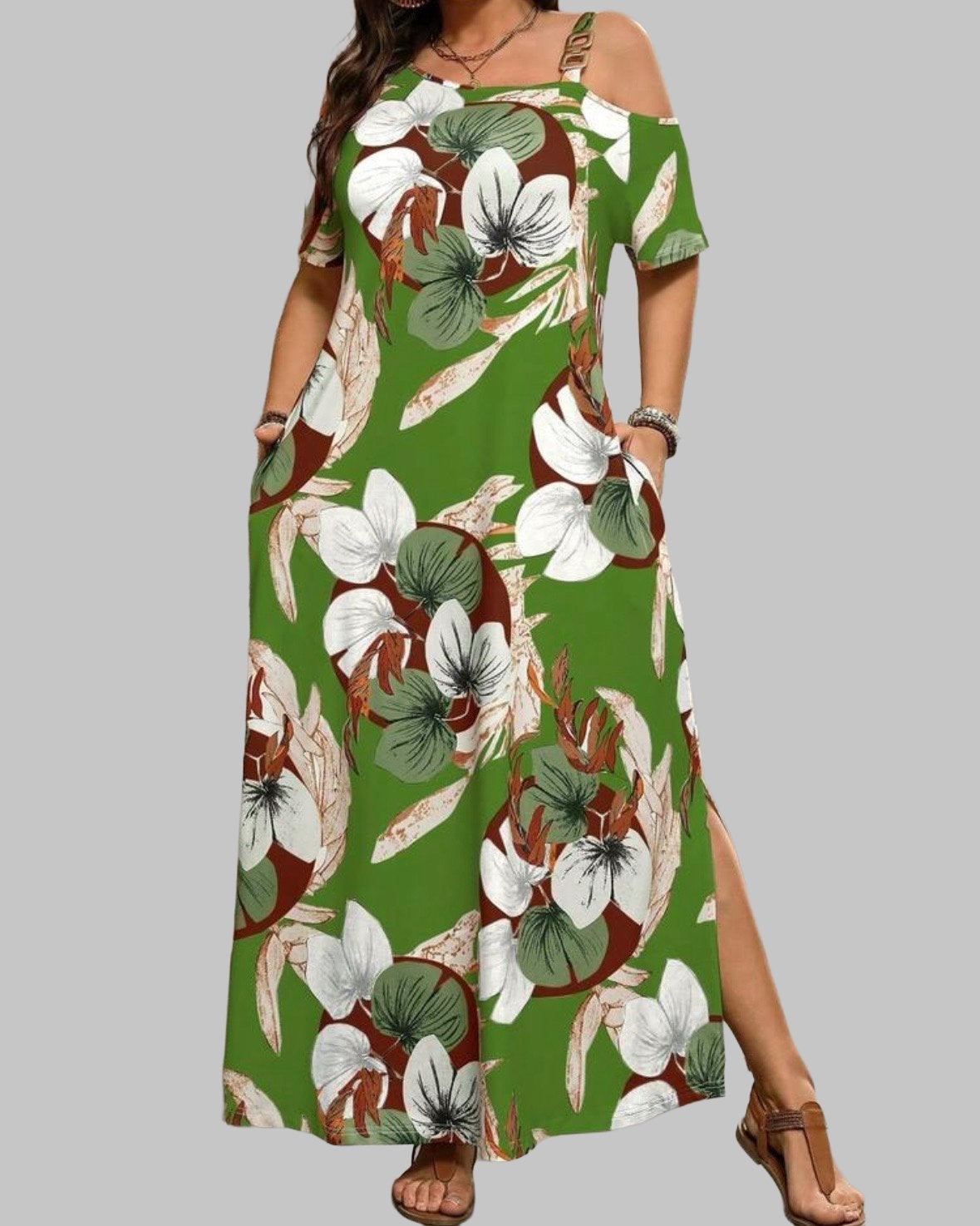 Maxi Jurk met Bloemenprint (44-52), Kleding | Dames, Grote Maten, Verzenden, Nieuw, Groen, Jurk
