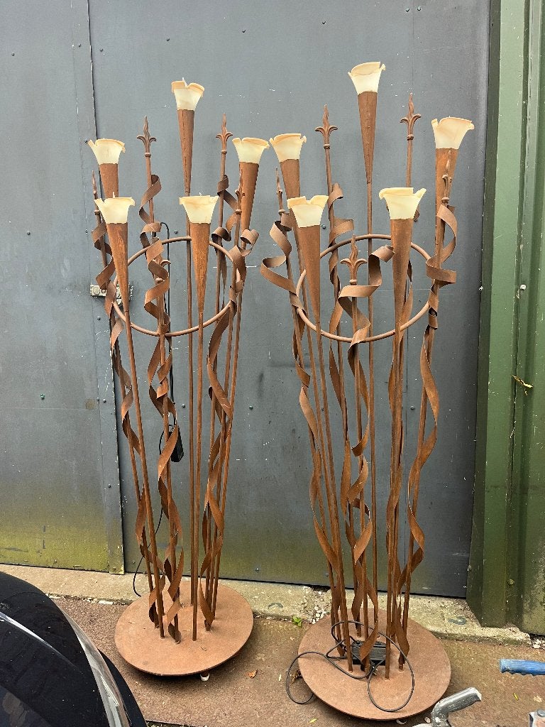 grote staande roestkleurige metalen vloerlampen, Ophalen, Gebruikt, Glas, 200 cm of meer