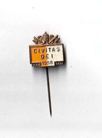 dunmetaal speld Civitas Dei 1958 lees verder, Ophalen of Verzenden, Overige onderwerpen, Speldje of Pin