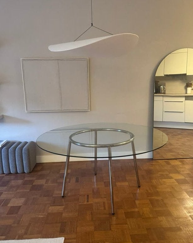 Design glazen eettafel met chroom onderstel, 100 tot 150 cm, Rond, Vijf personen of meer, Ophalen