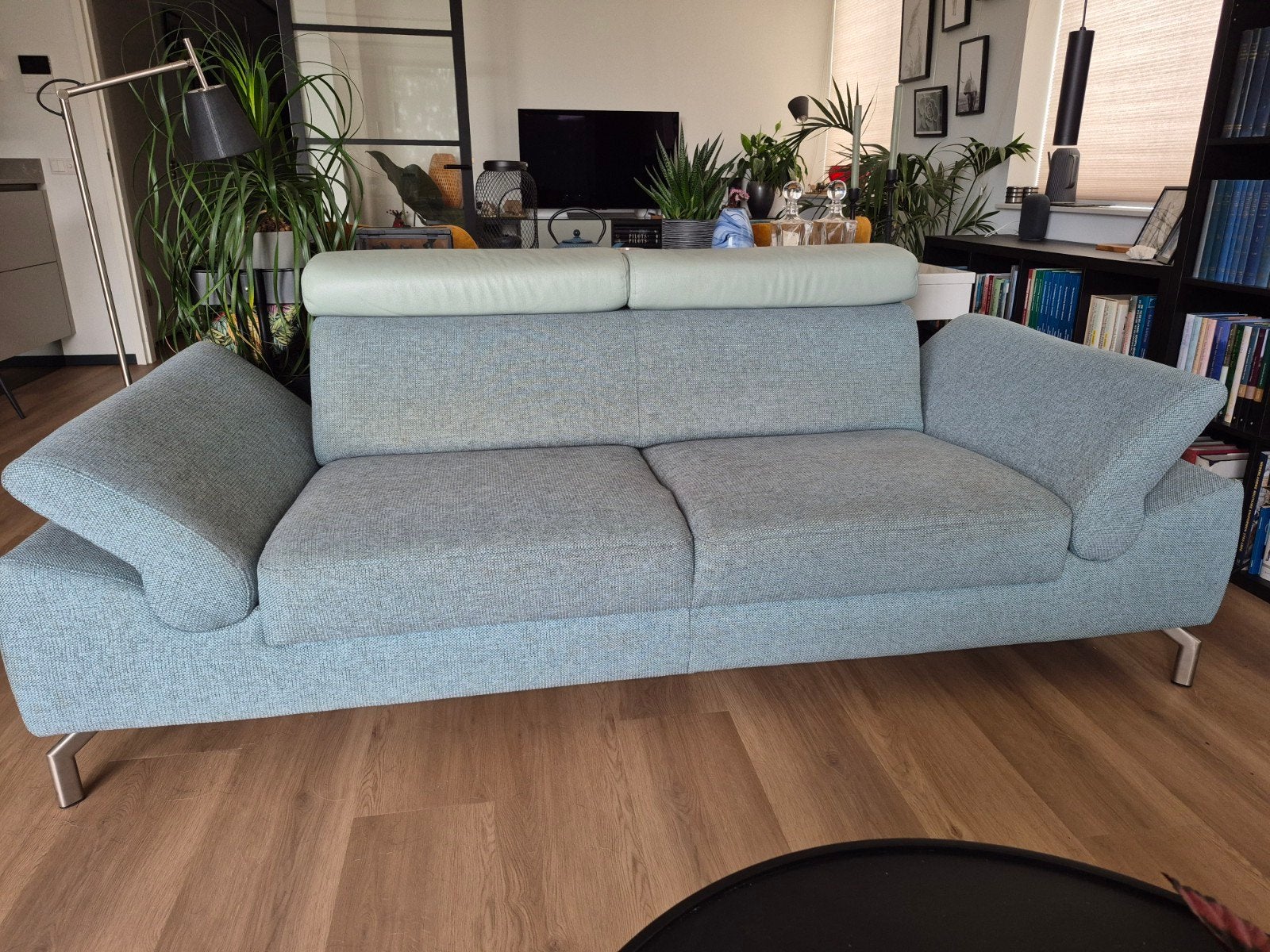 Montel bank met 2 poefs, Ophalen, Gebruikt, Driepersoons, 75 tot 100 cm