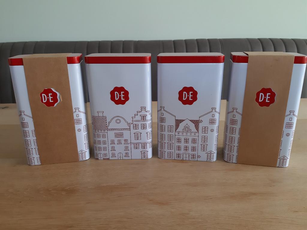 D.E. opslagblikken wit/rood met huisjes decor (nieuw), Ophalen of Verzenden, Nieuw, Minder dan 50 cm