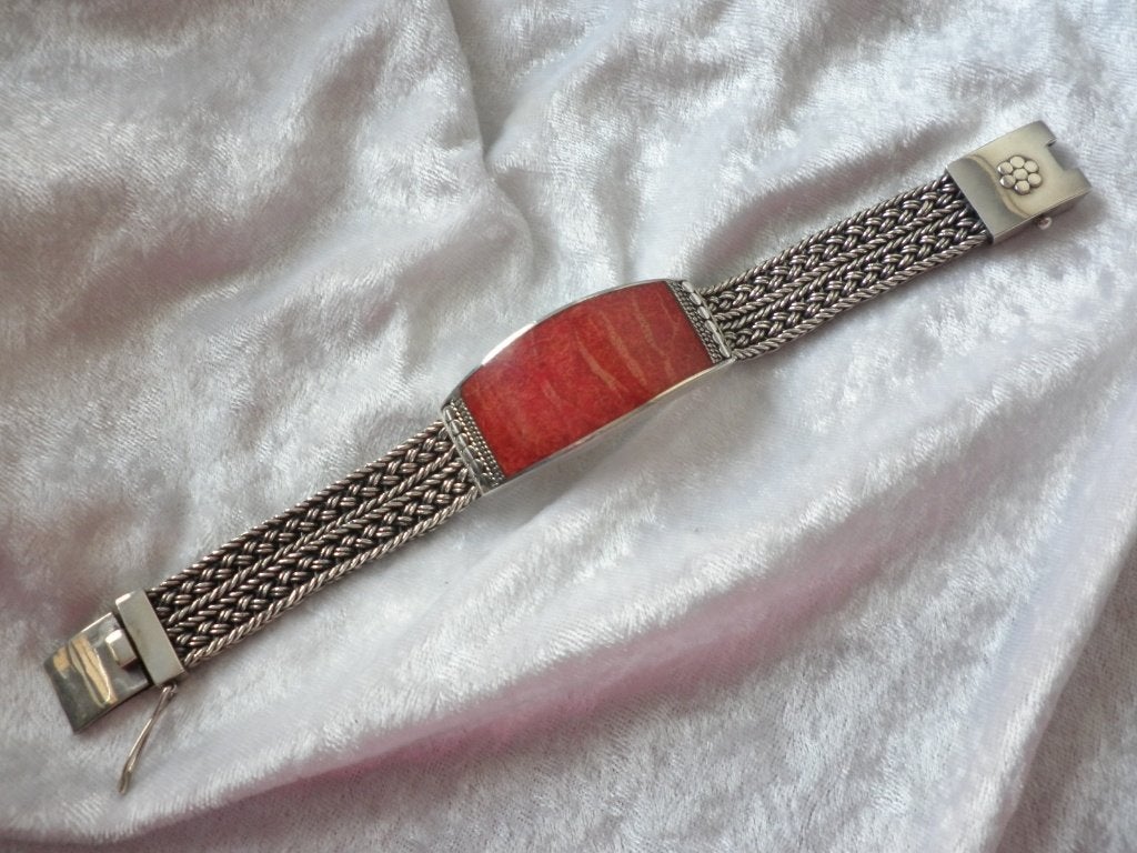 Prachtige Zware Brede Zilveren Armband met Sponskoraal, Sieraden, Tassen en Uiterlijk, Antieke sieraden, Verzenden, Zilver, Armband