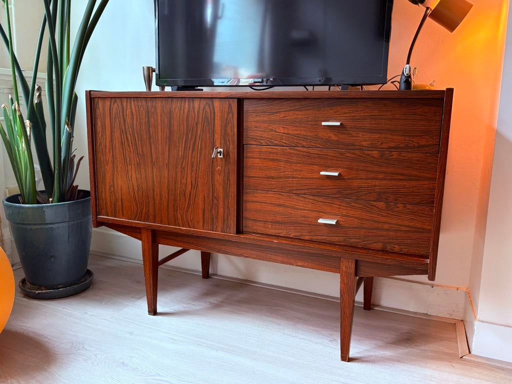 Vintage Dressoir met Laden en Deur - Palissander Hout, Ophalen, Gebruikt, 100 tot 150 cm, Met lade(s)
