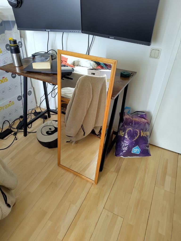 Grote spiegel met houten lijst, Antiek en Kunst, Antiek | Spiegels, Ophalen, Rechthoekig, 50 tot 100 cm, 150 tot 200 cm