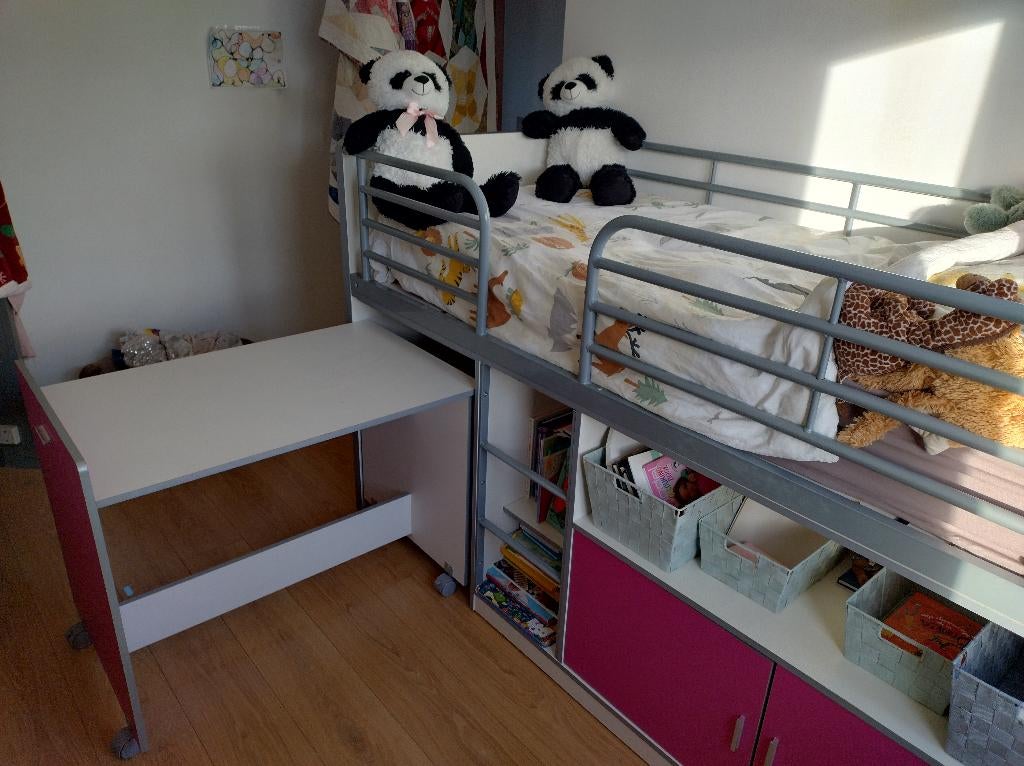 Halfhoogslaper met uitschuifbaar bureau meisje roze/wit, Ophalen, Zo goed als nieuw, Halfhoogslaper