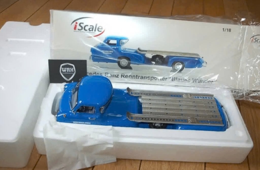 1:18 MERCEDES RENNTRANSPORTER blue Iscale in doos WRH, Verzenden, Zo goed als nieuw, Auto, Overige merken