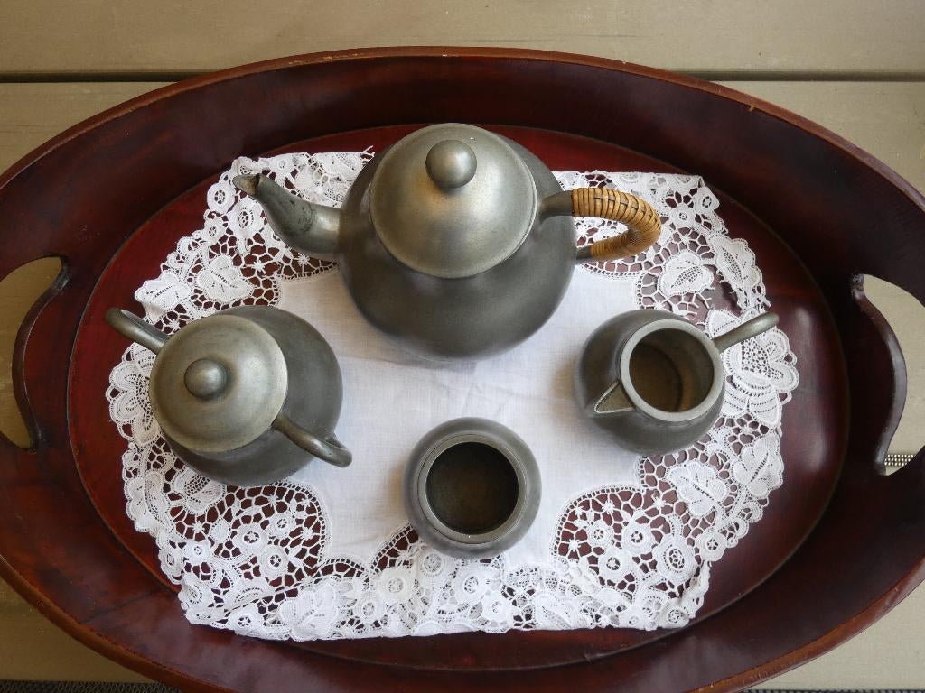 tinnen servies: theepot, suikerpot, melkkan, lepeltjespotje, Ophalen of Verzenden