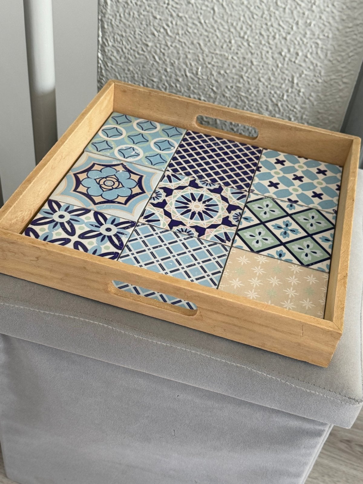 Houten dienblad met mozaïek tegels, Gebruikt, Vierkant, Ophalen of Verzenden, Dienblad