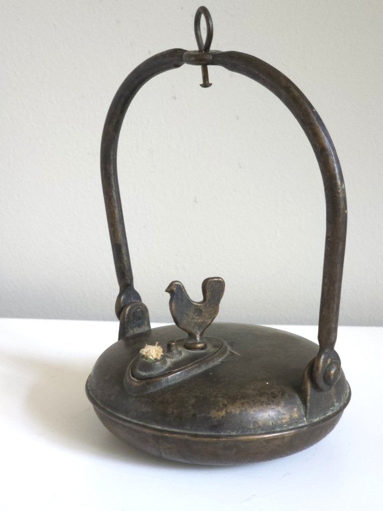 Antieke Koperen Weverslamp – 19e-Eeuwse Olielamp, Ophalen of Verzenden, Brons