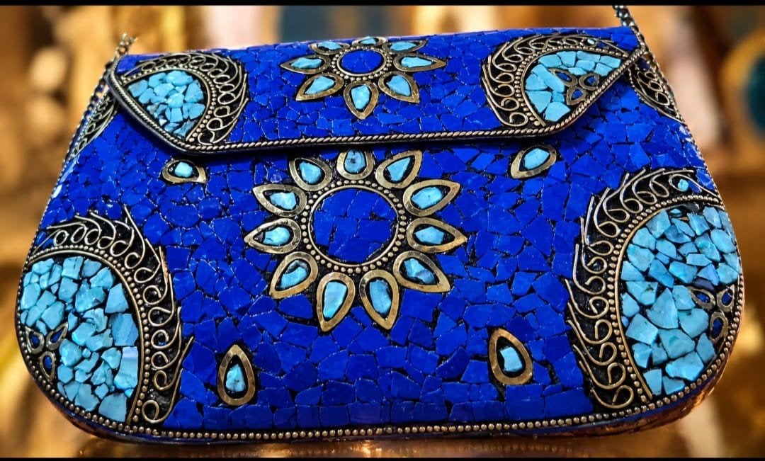 Unieke Mozaïek Steen Tasjes - Handg en poefs leeremaakt & St, Ophalen of Verzenden, Nieuw, Blauw, Avondtasje