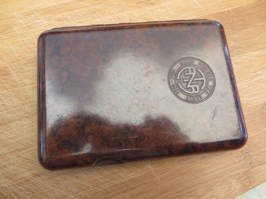 Oud rook gerei, sigaren etui bakeliet, grafische bond, Ophalen of Verzenden, Gebruikt, Tabaksdoos of Verpakking