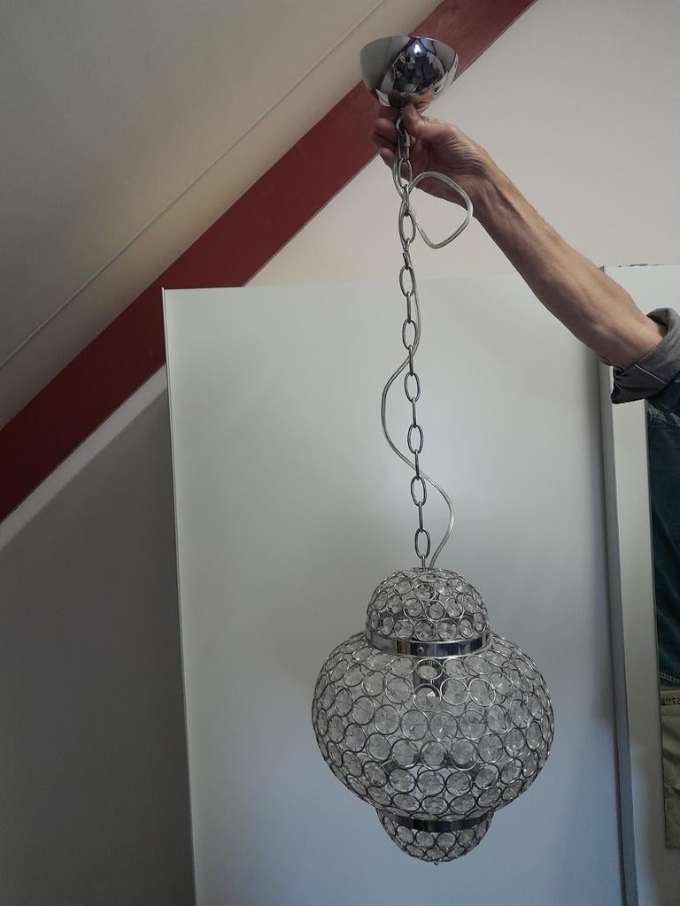 2 Prachtige Hanglampen met Kristallen Details, Ophalen, Zo goed als nieuw, Glas, Modern, Glamour, Kristal